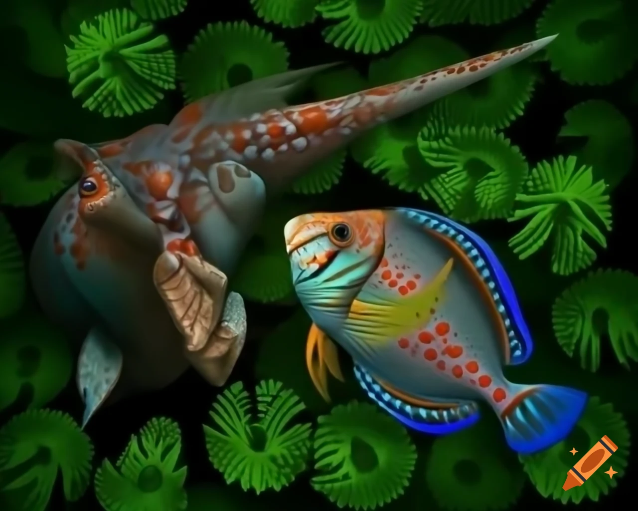 Hadrosaurus dinosaurs with angelfish-like patterns in marshland with horsetails and ferns