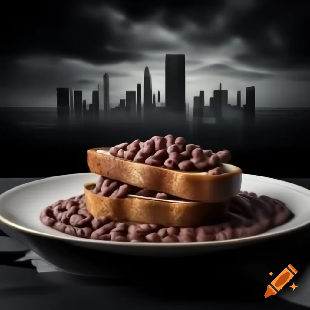 Beans on toast in foreground with dystopian city backdrop featuring sound waves and geometric forms