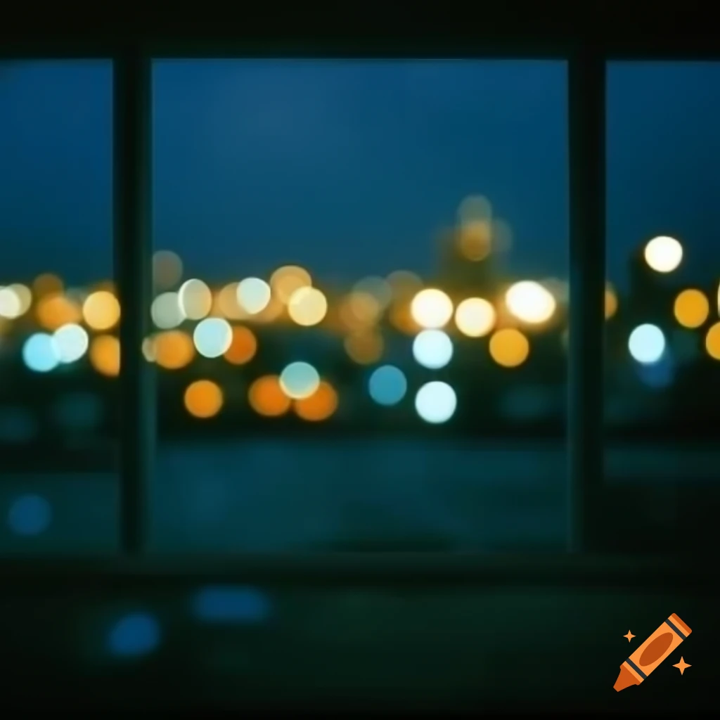 Realistic indoor room at night with blurred bokeh background and wide window showing cityscape