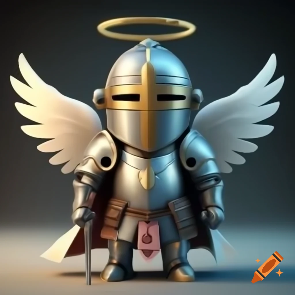 Cartoon knight with angel wings in oversized armor