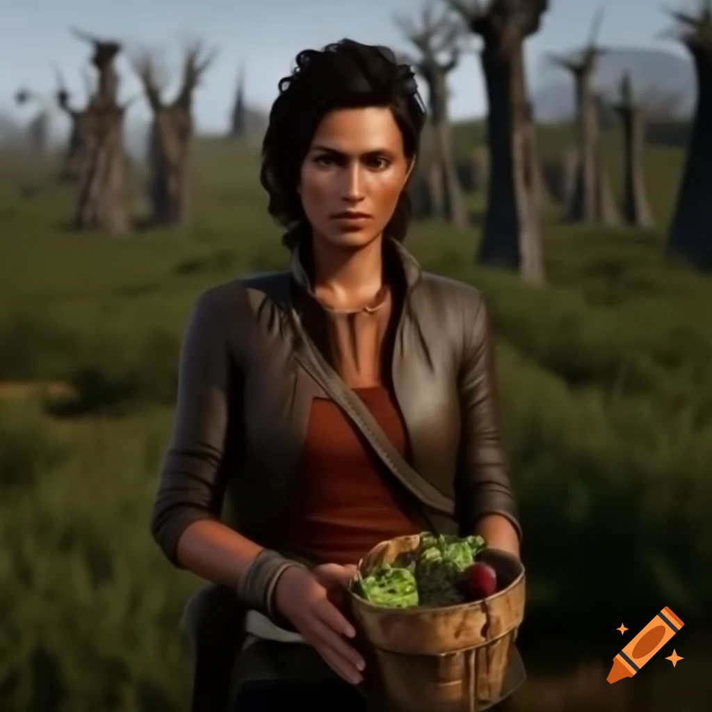 Strong confident woman in post-apocalyptic setting with wild berry bushes