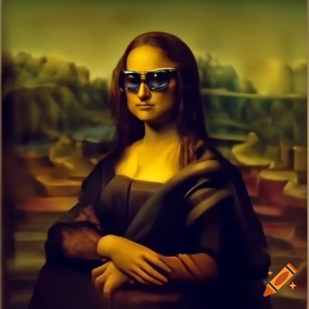 Mona Lisa cartoon portrait wearing sunglasses with playful text
