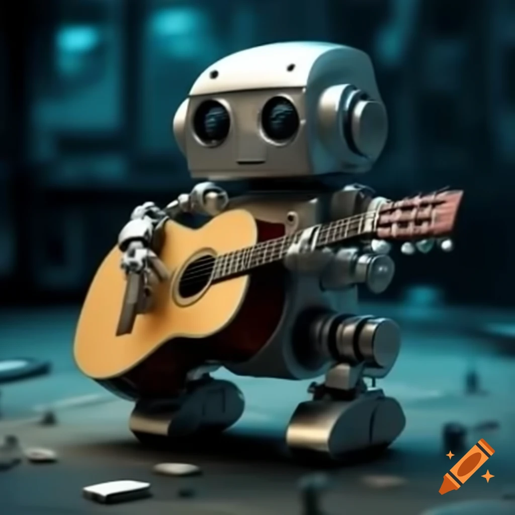 Futuristic robot in a tech ambiance with musical elements and guitar
