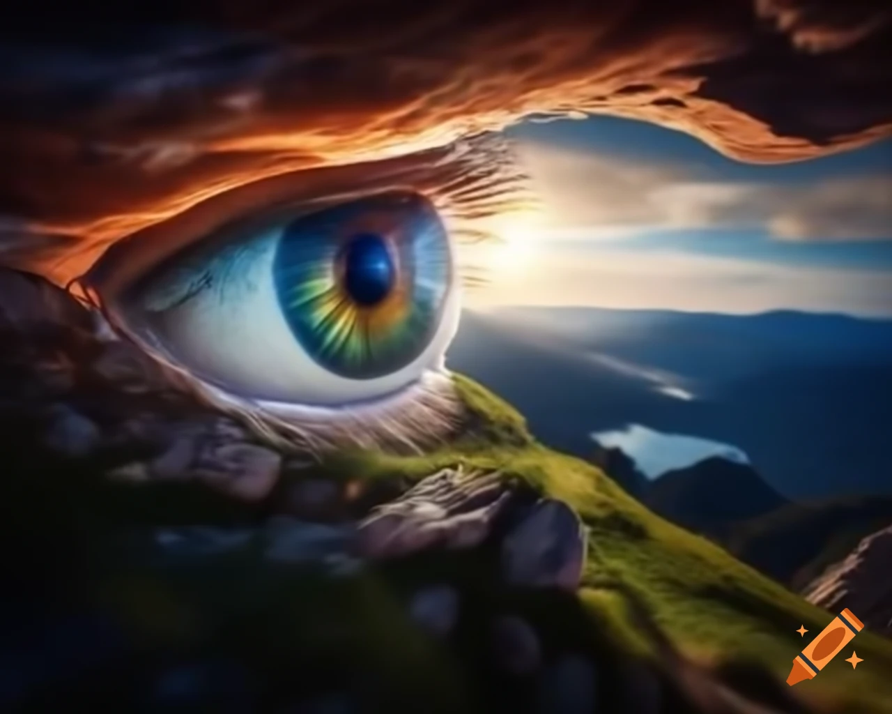 Surreal mountain range with giant eye above valley of ripened tomatoes