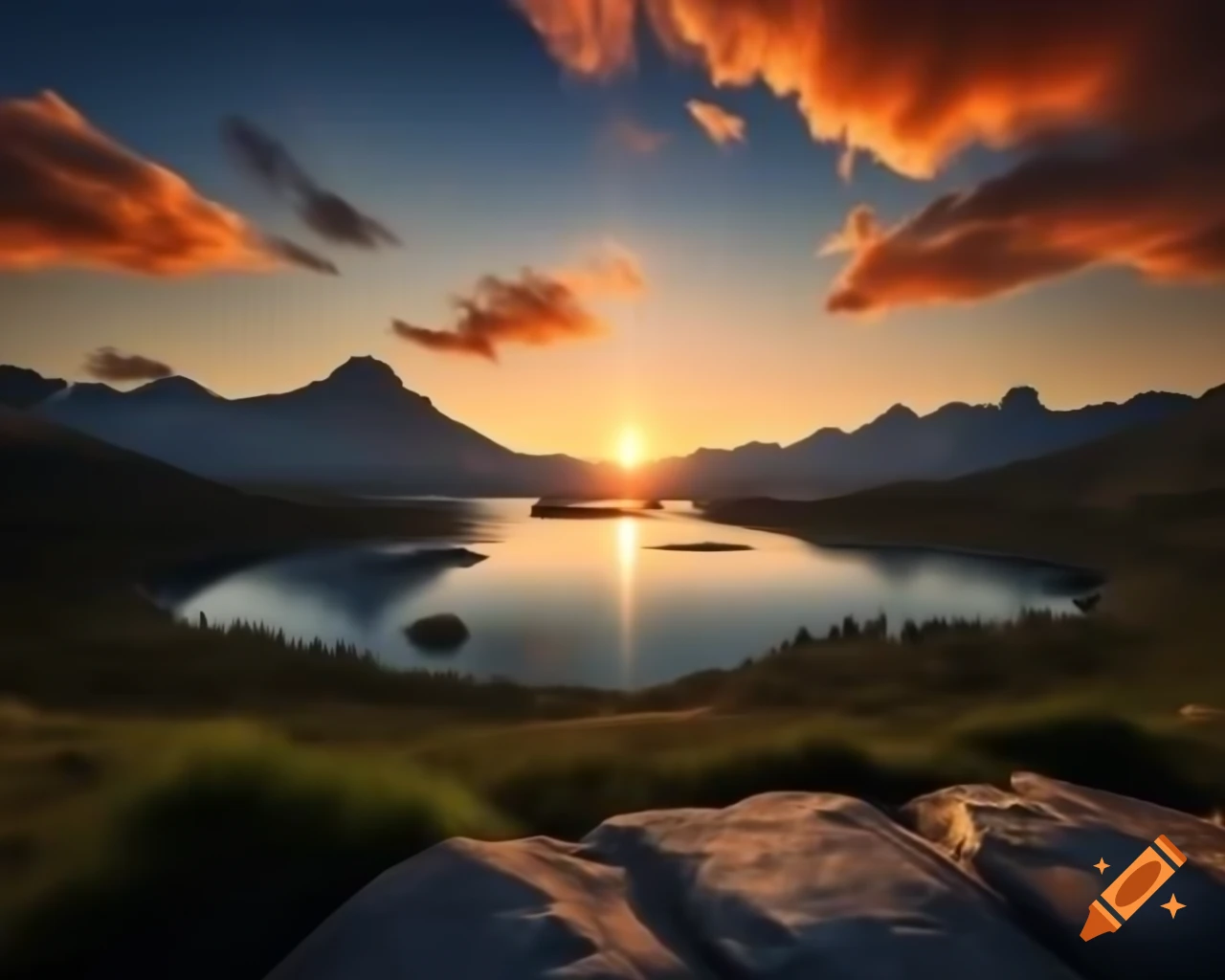 Photorealistic 3D render of mountain lake at sunset with sun rays and island