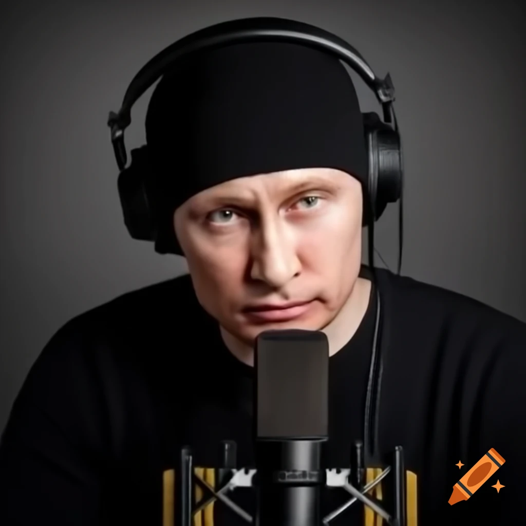 Vladimir Putin in black knit cap and headphones hosting a podcast