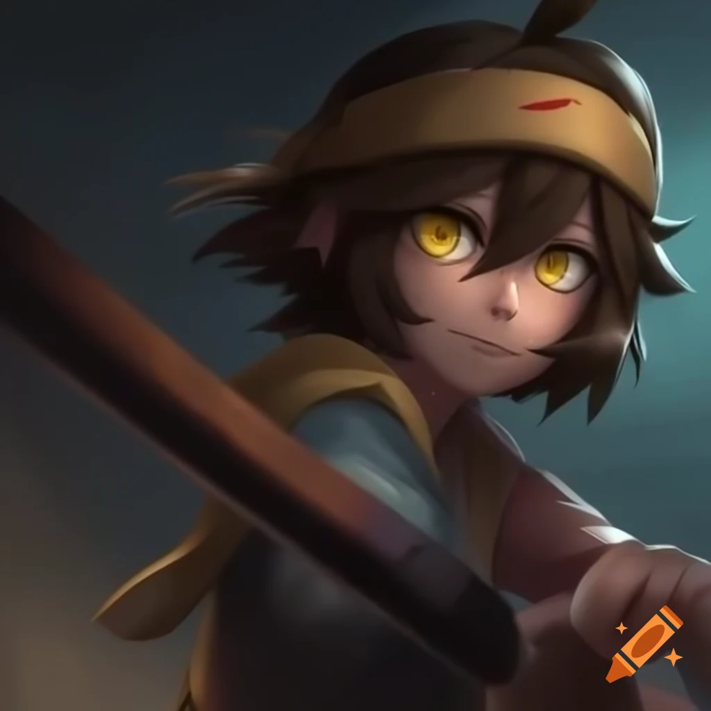 Worn out anime character with ripped clothes and glowing gang symbol, holding rusty machete