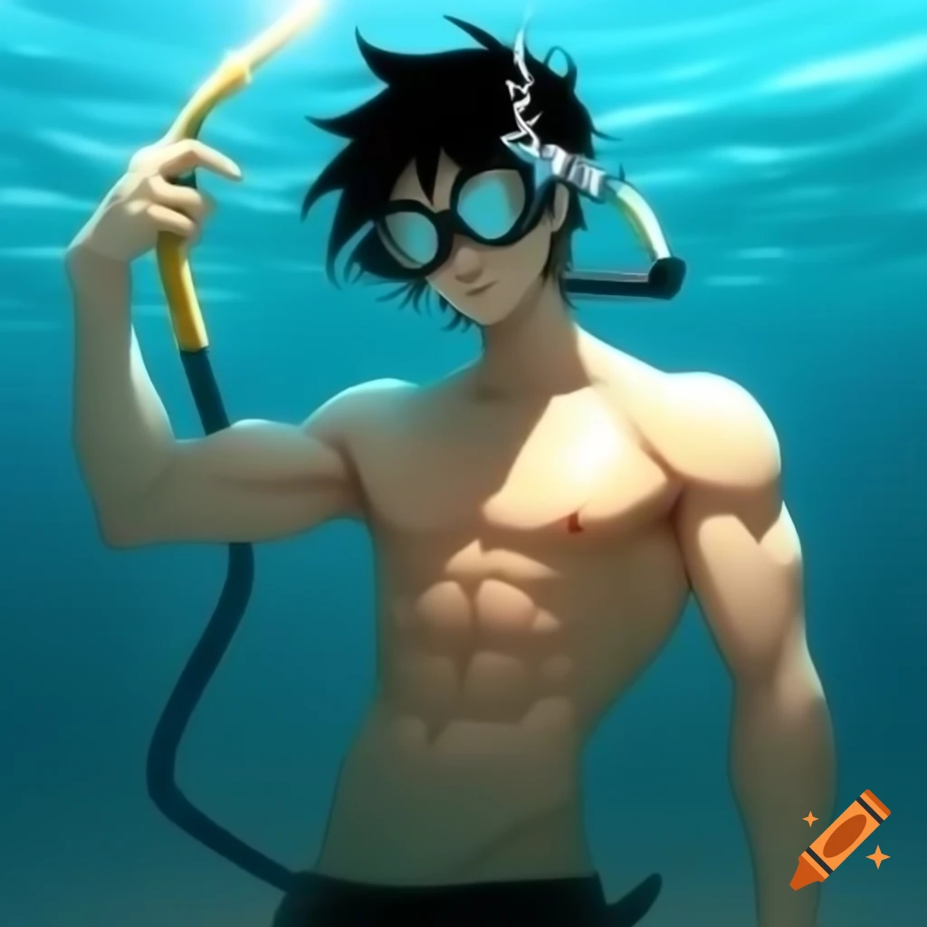 Anime man with black hair in snorkeling goggles deep underwater
