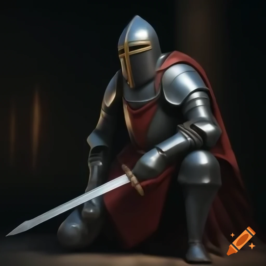 Knight kneeling with sword in a solemn pose