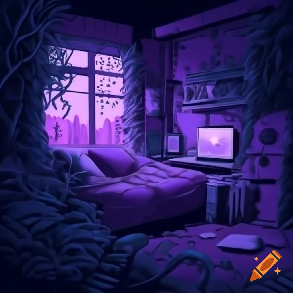 Anime purple bedroom with overgrown vines, gaming setup, and city night view