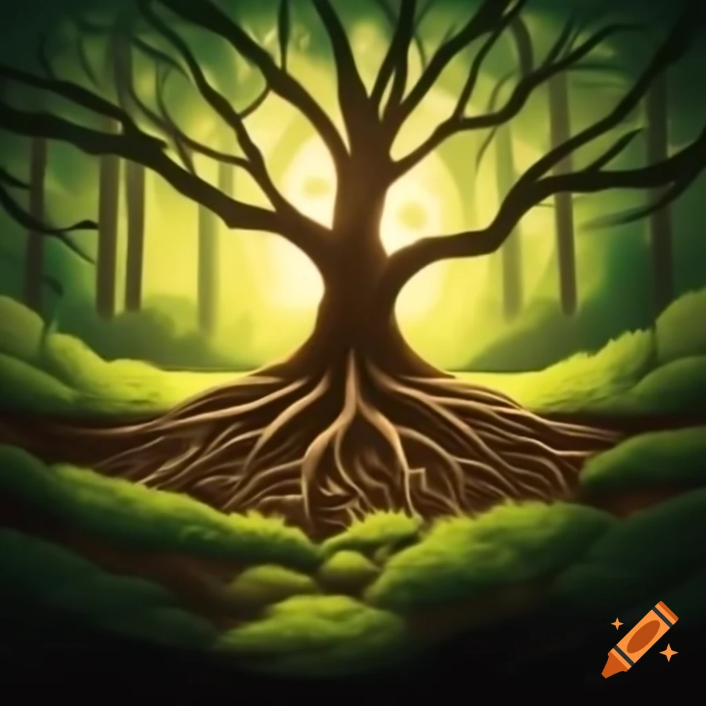 Large beautiful oak tree with moss in light forest