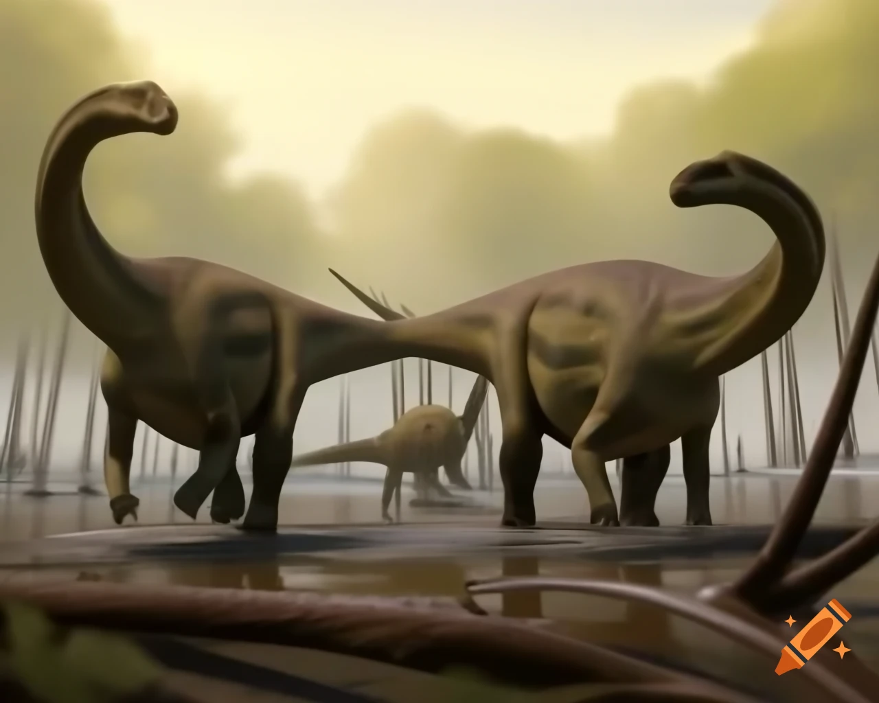 Three cinnamon-striped Hadrosaurus dinosaurs in mudflat with driftwood in morning light