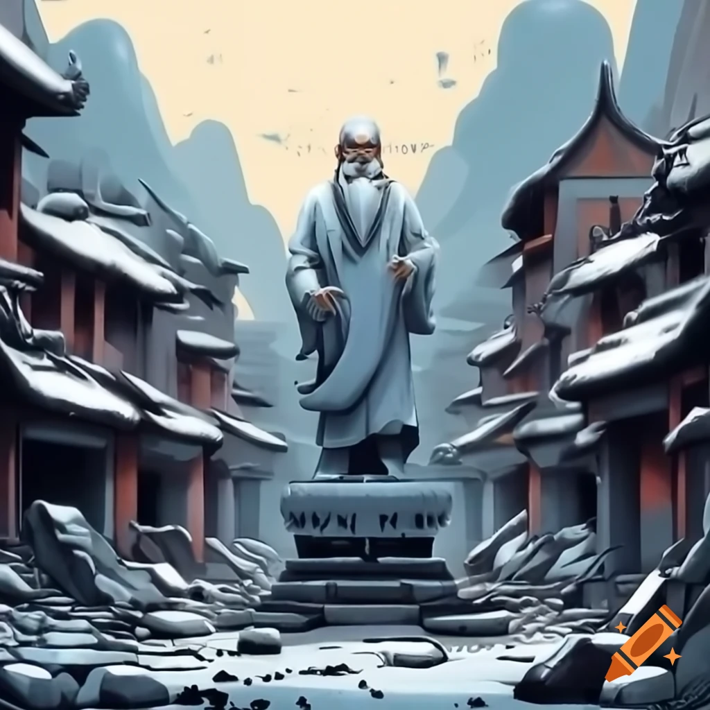 Colorful winter painting of marble statue in destroyed Asian fantasy town square