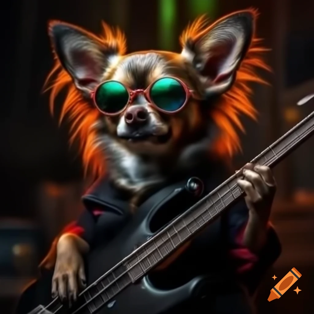 Eldritch Chihuahua from Cthulhu mythos playing black Washburn bass with round sunglasses