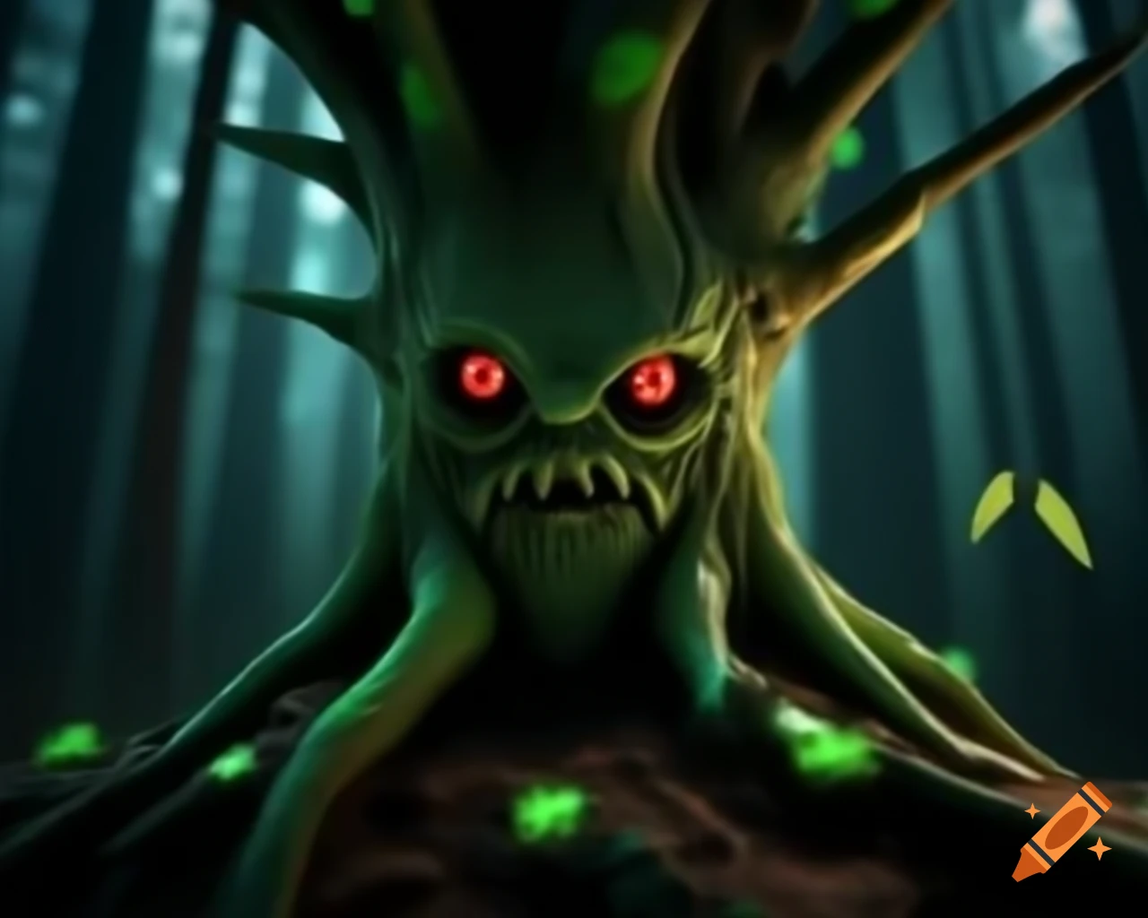 3D CGI anime tree monster with humanoid bark face and trees growing on its body