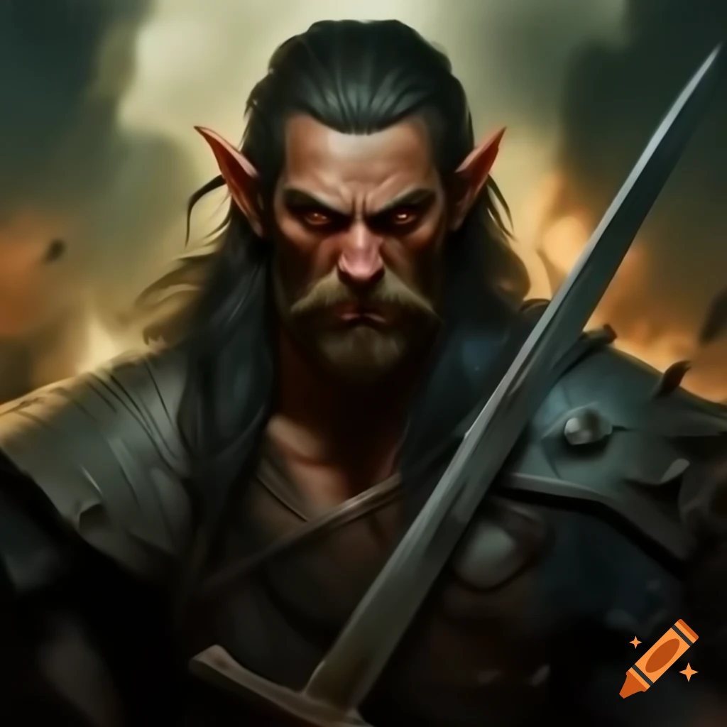 Rugged half-elf warrior with short sword and chaotic aura, intense appearance