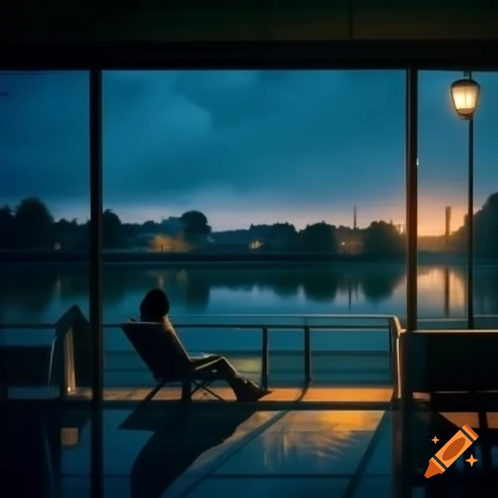 Serene house by river at dusk, woman sitting on balcony during light rain, photorealistic style