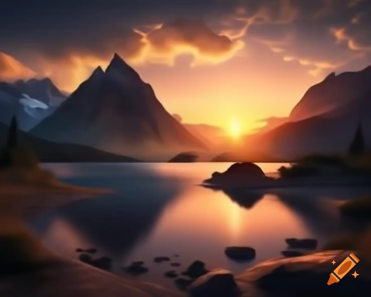 Photorealistic 3D render of mountain lake at sunset with sun rays and island