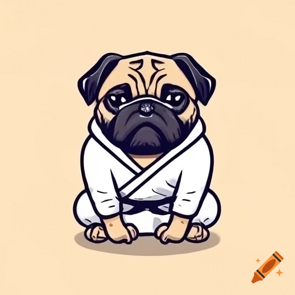 Pug in white jujitsu gi posing tough