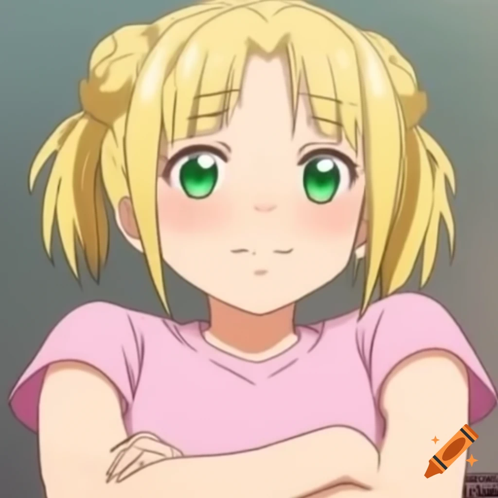 Anime girl with blonde hair and green eyes, wearing light pink t-shirt with arms crossed