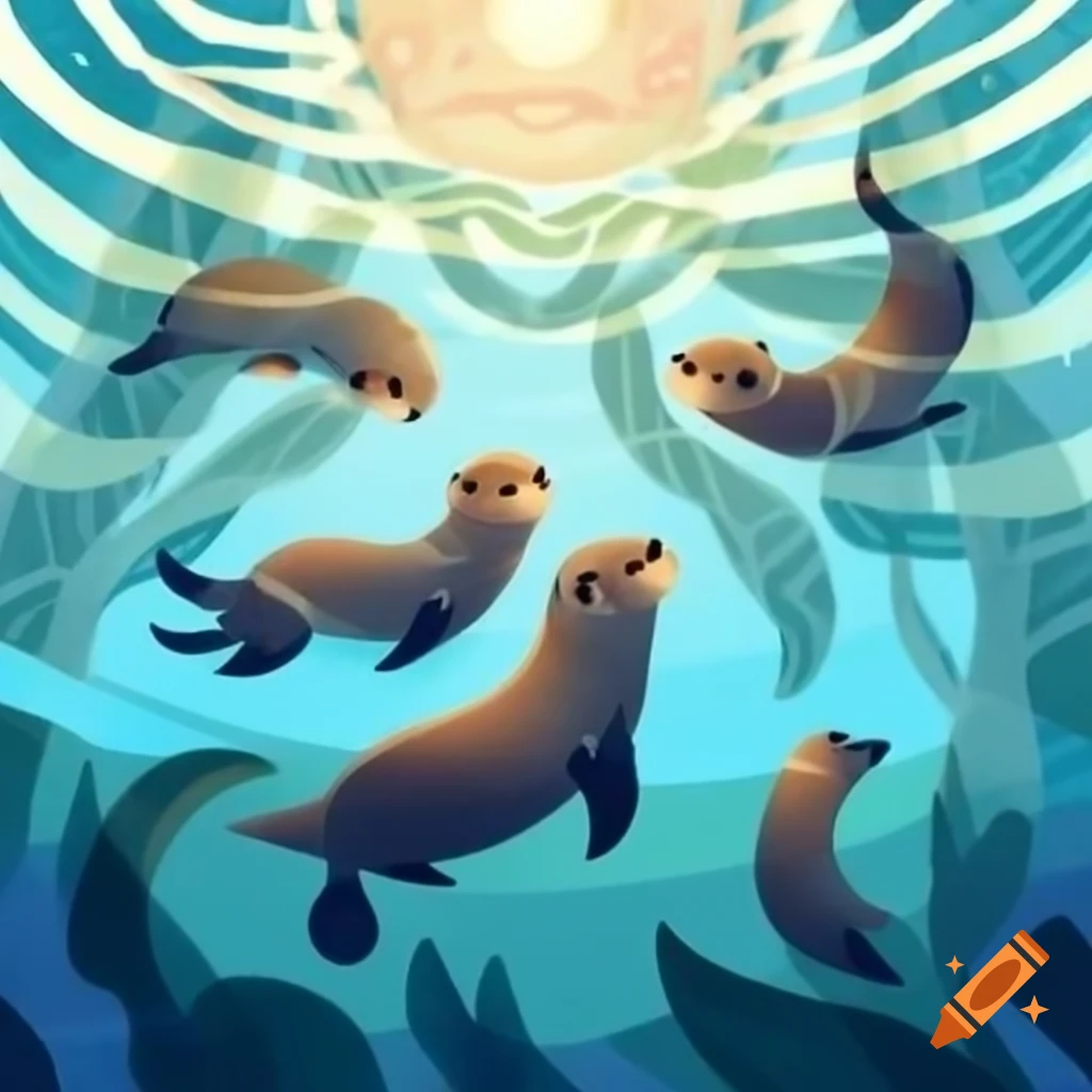 Intricate mandala design with sea otters swimming in light colors