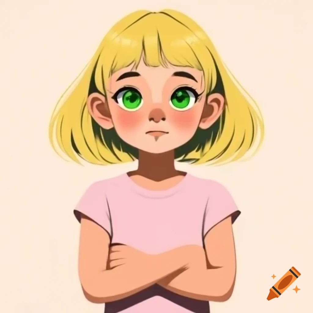 Anime girl with blonde hair and green eyes, wearing light pink t-shirt with arms crossed