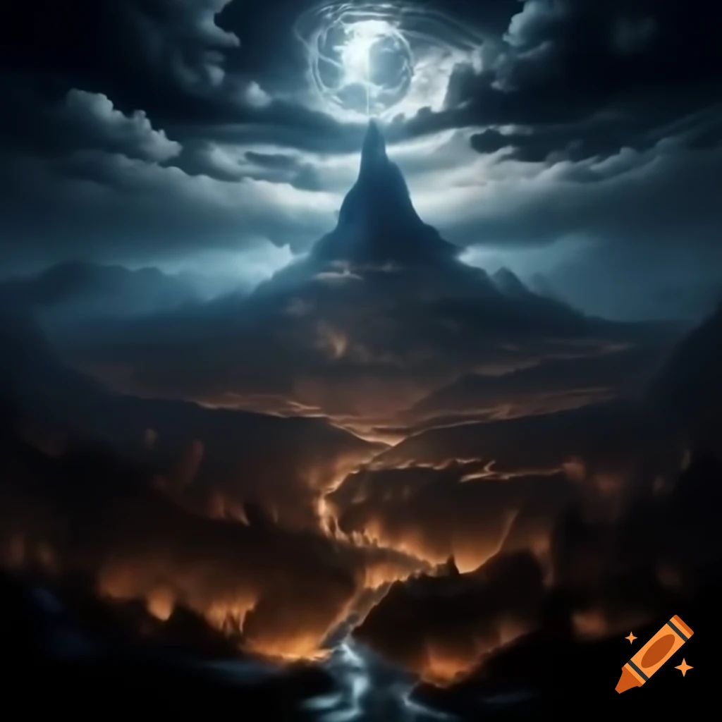 Dark fantasy city at night on island mountain with peak hidden in clouds