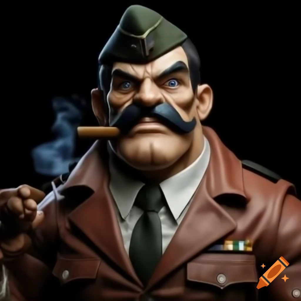 Realistic comic book villain fighter pilot with mustache and cigar