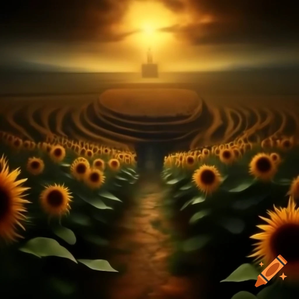 Glowing sunflowers in underdark with amphitheater and cultists