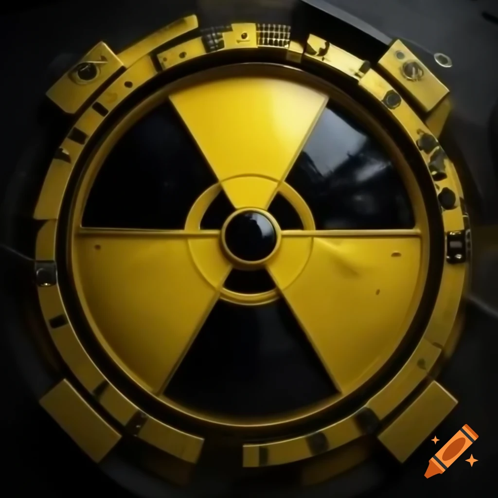 Super realistic radioactive sign logo in gold and black metallic, resembling jewelry