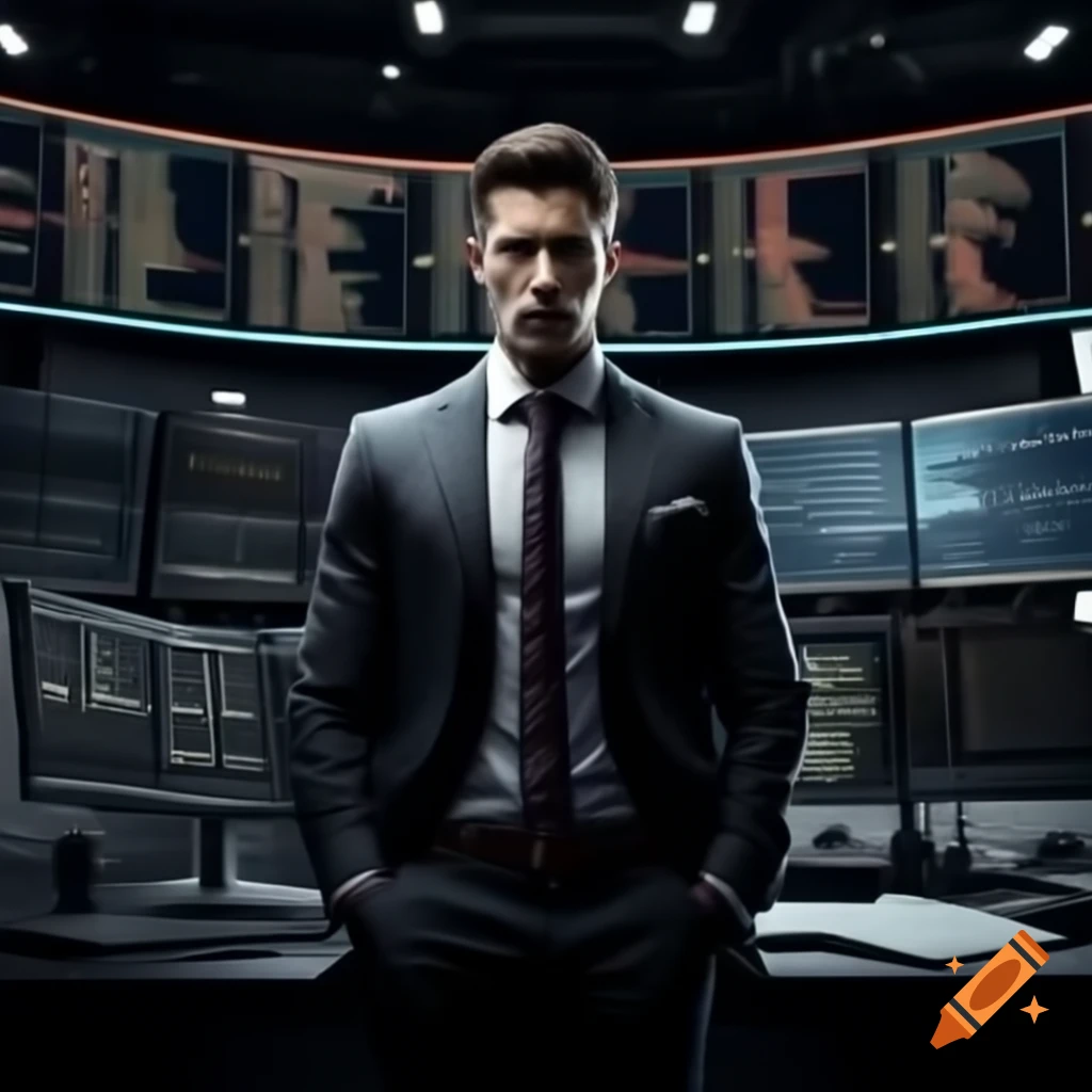 Sophisticated businessman standing confidently against black trading background