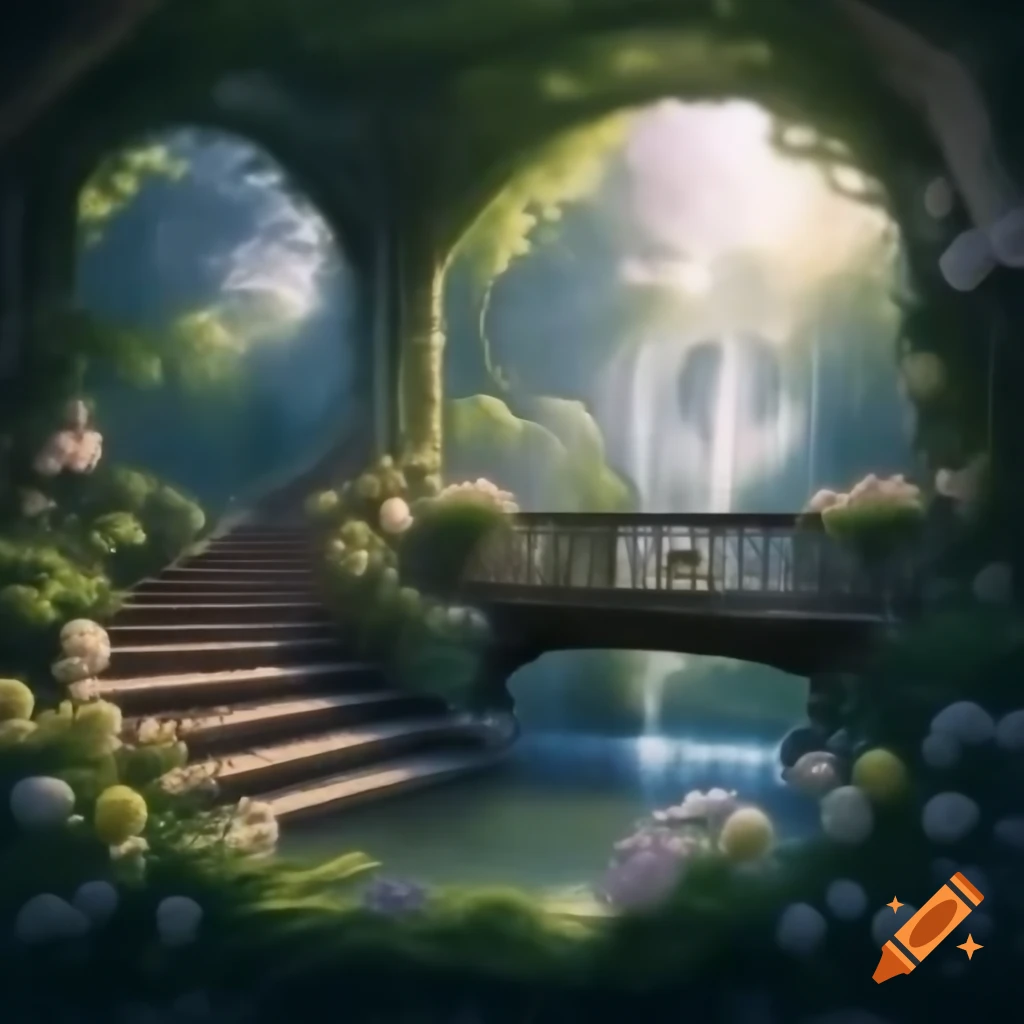 Victorian garden balcony with pond, tall rococo windows, and waterfall