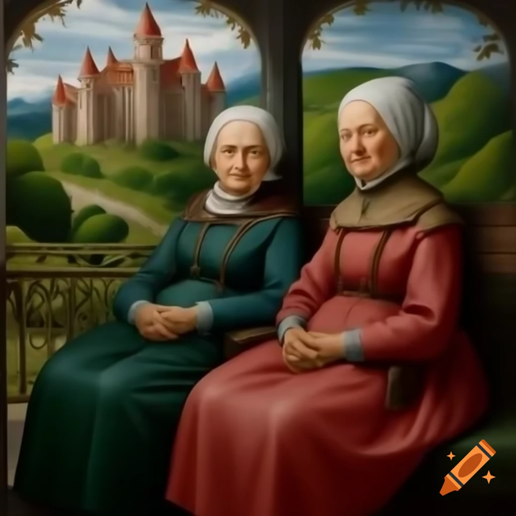Renaissance portrait of two elderly women sitting outside a castle