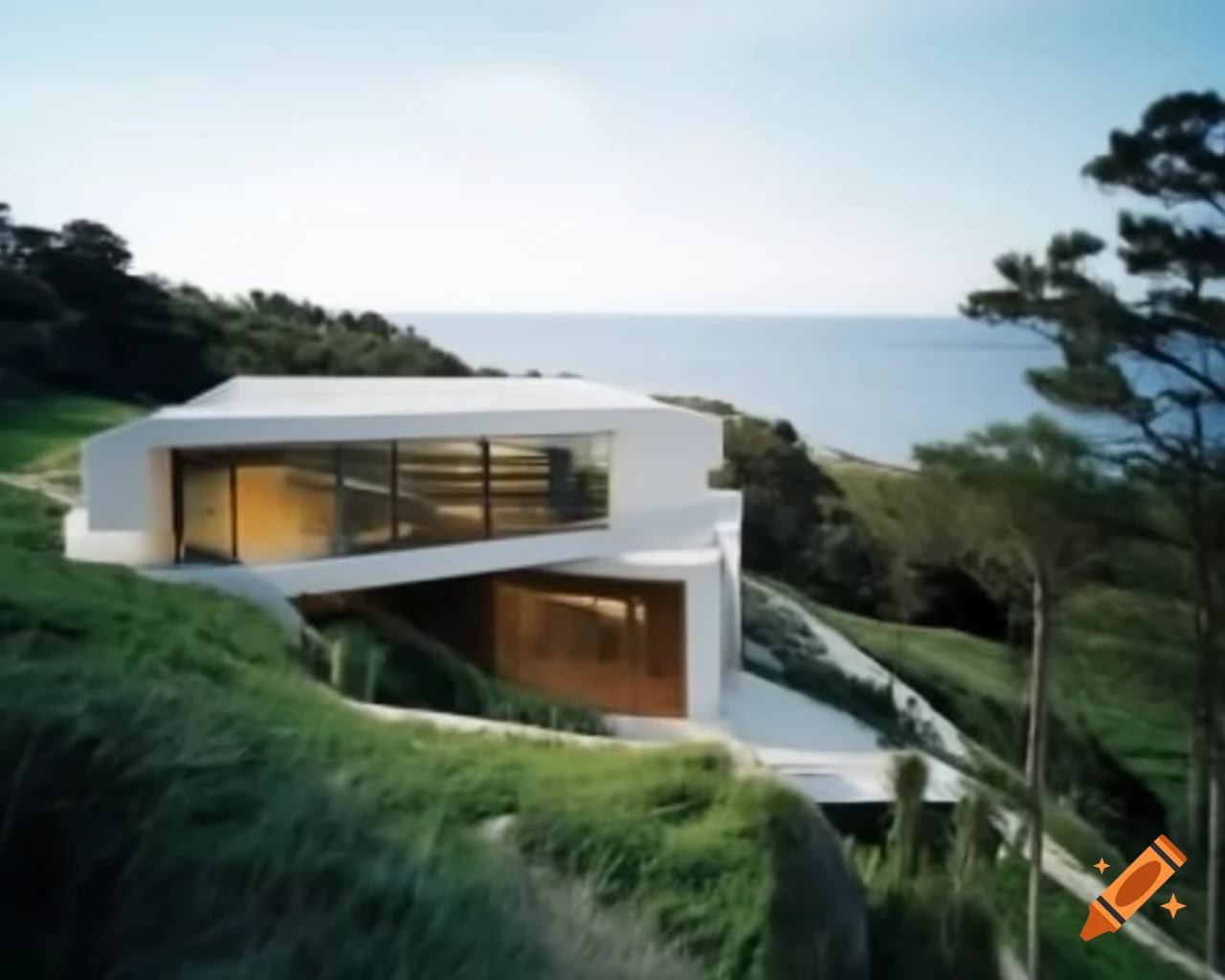 Modern European house with greenery and sea view featuring a lake and puddles