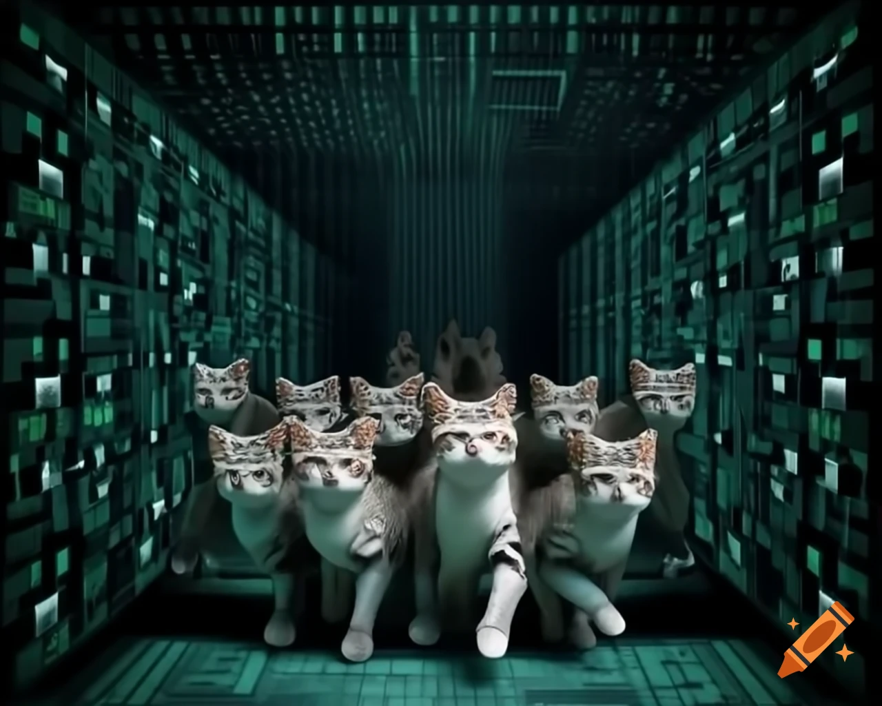 Large herd of cats organized in a digital matrix-like pen