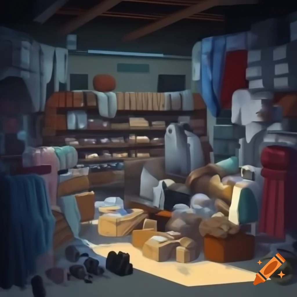 Cluttered disorganized store filled with piles of clothing