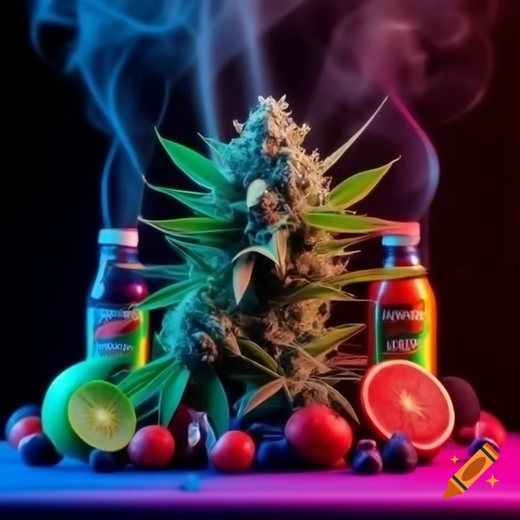 Realistic cannabis flower surrounded by fruits and colorful neon smoke