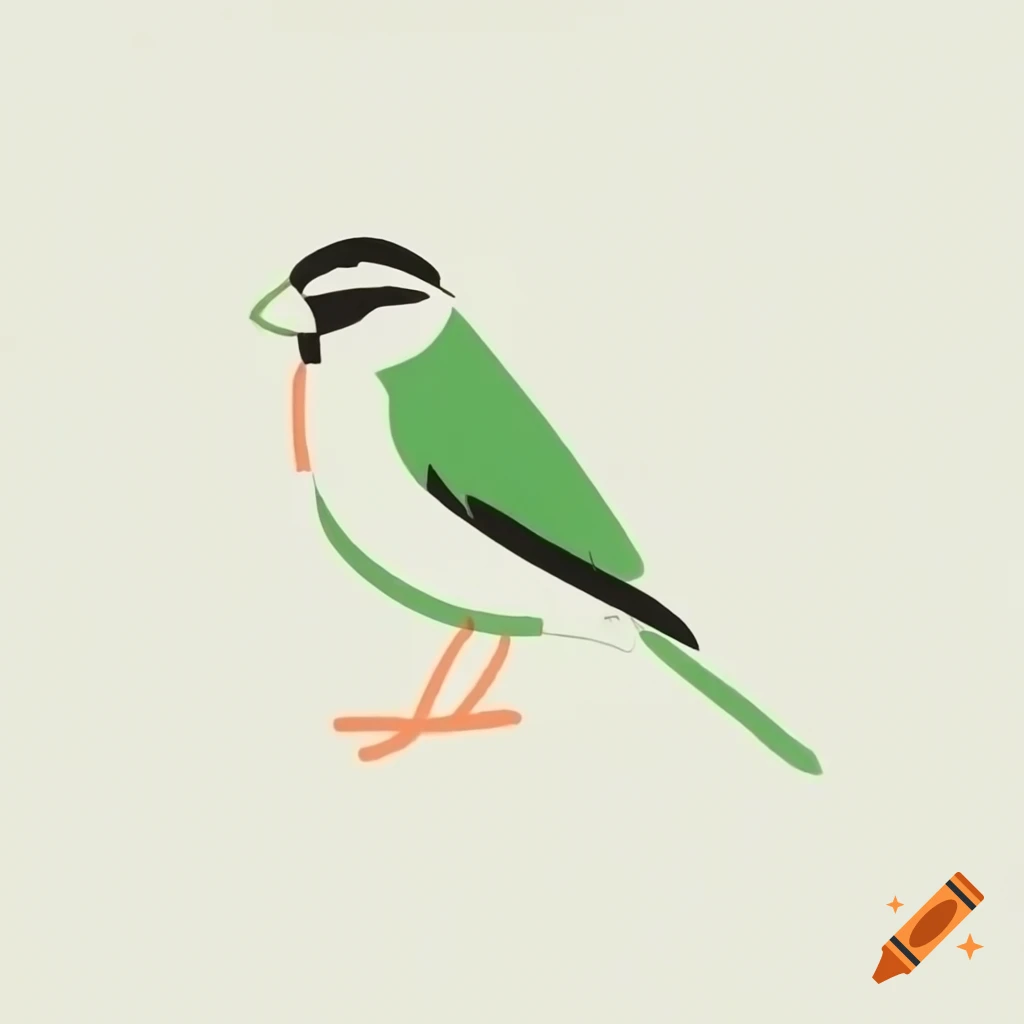 Minimalist black line drawing of a sparrow with orange and green on white background