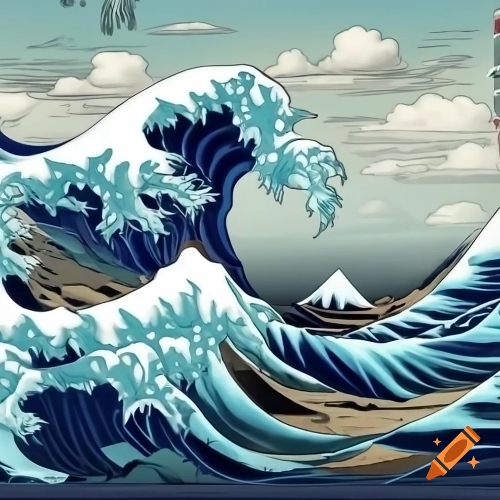 Japan style artwork of sea with large wave caused by
