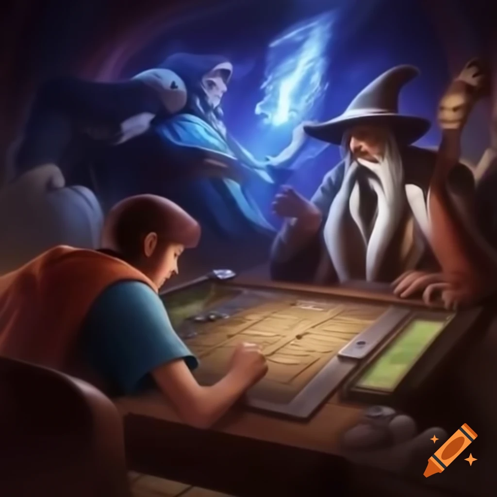Computer programmer playing ancient Sumerian board game with wizard
