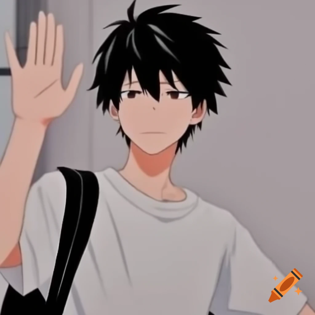 Anime male student raising hand in classroom