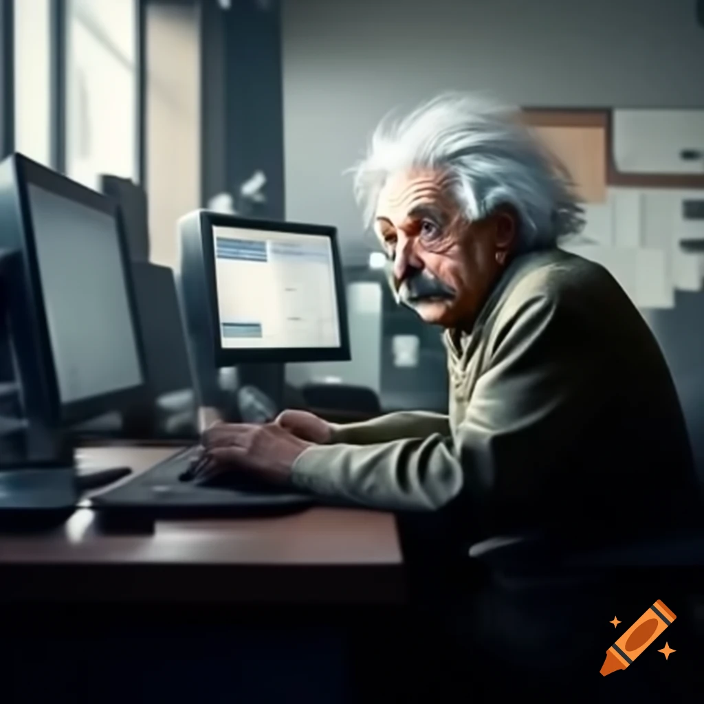 Albert Einstein working at a modern office PC