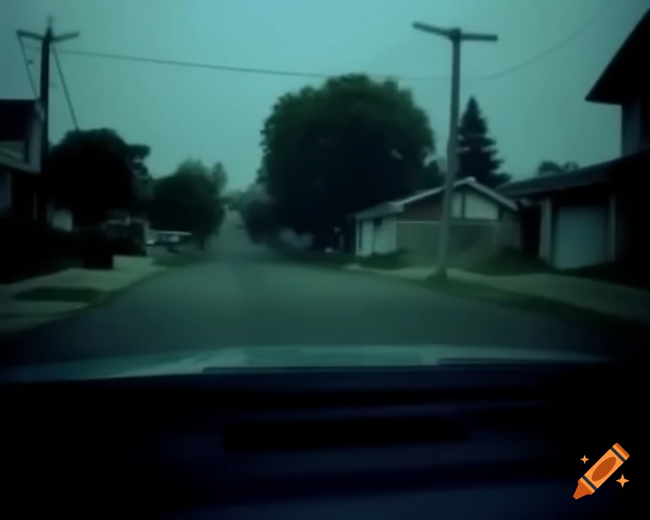 VHS footage capturing a neighborhood and car in liminal space