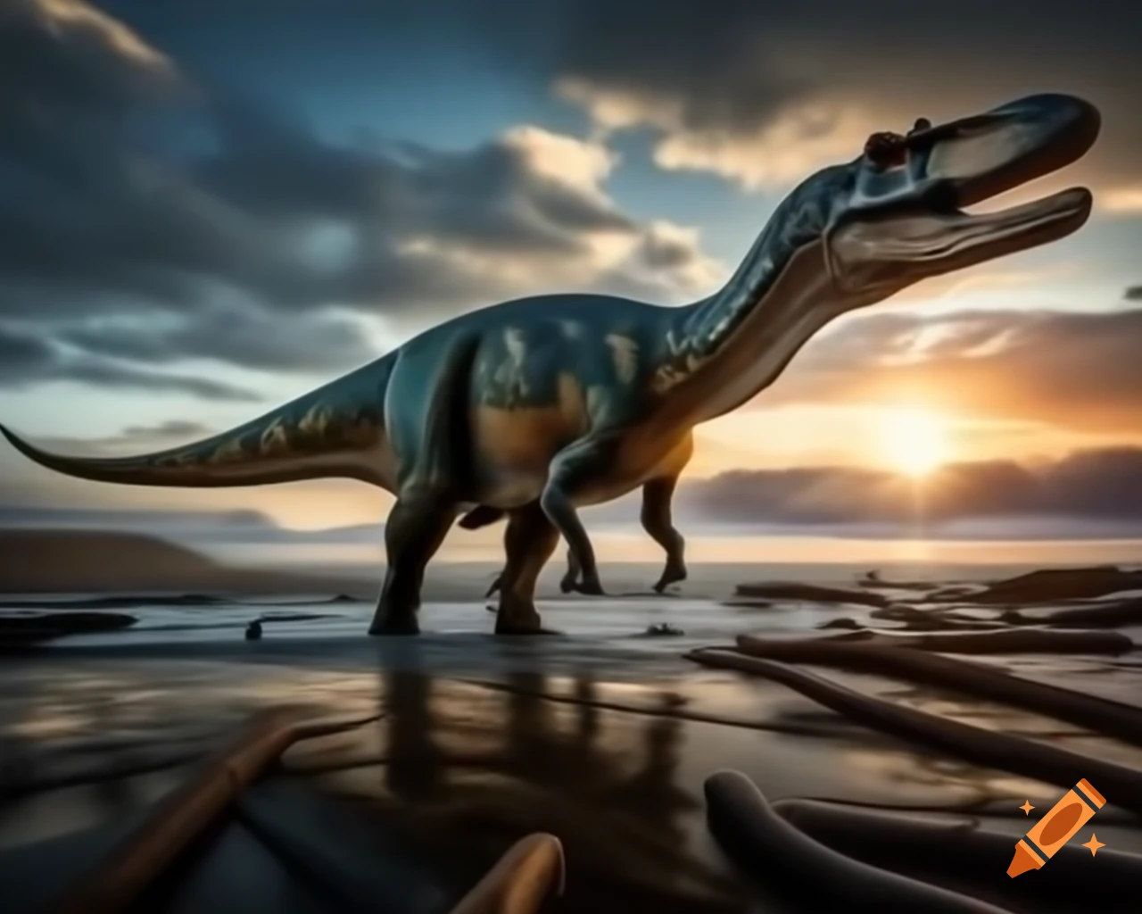 Hadrosaurus dinosaur walking along British Columbia coast at golden hour