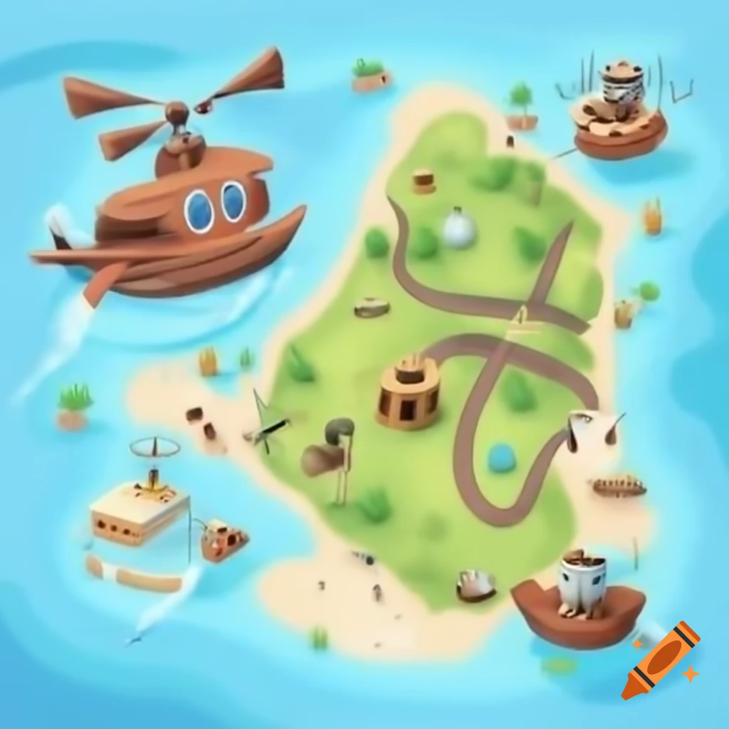 Animated pirate map featuring helicopter and boat