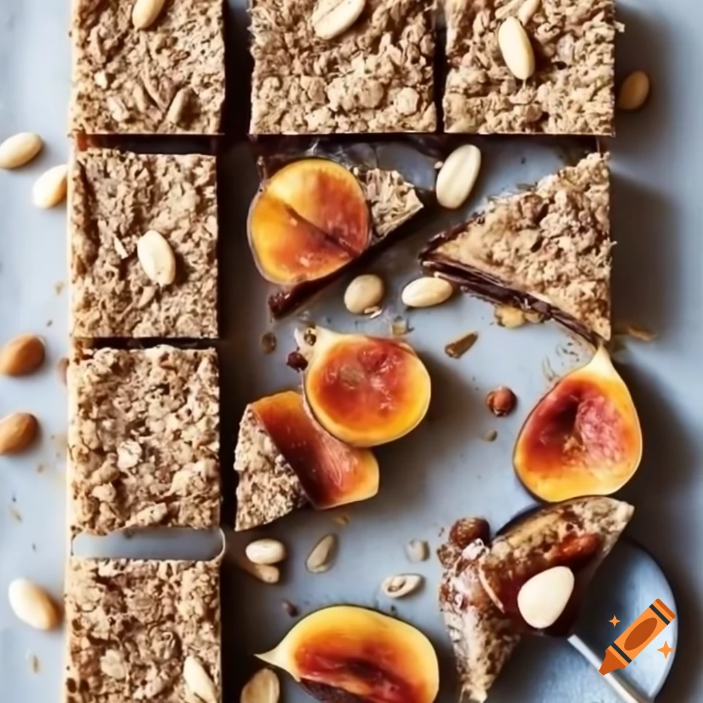 Homemade snack bars with oatmeal, almonds, dried figs, apricots, hazelnuts, and spirulina