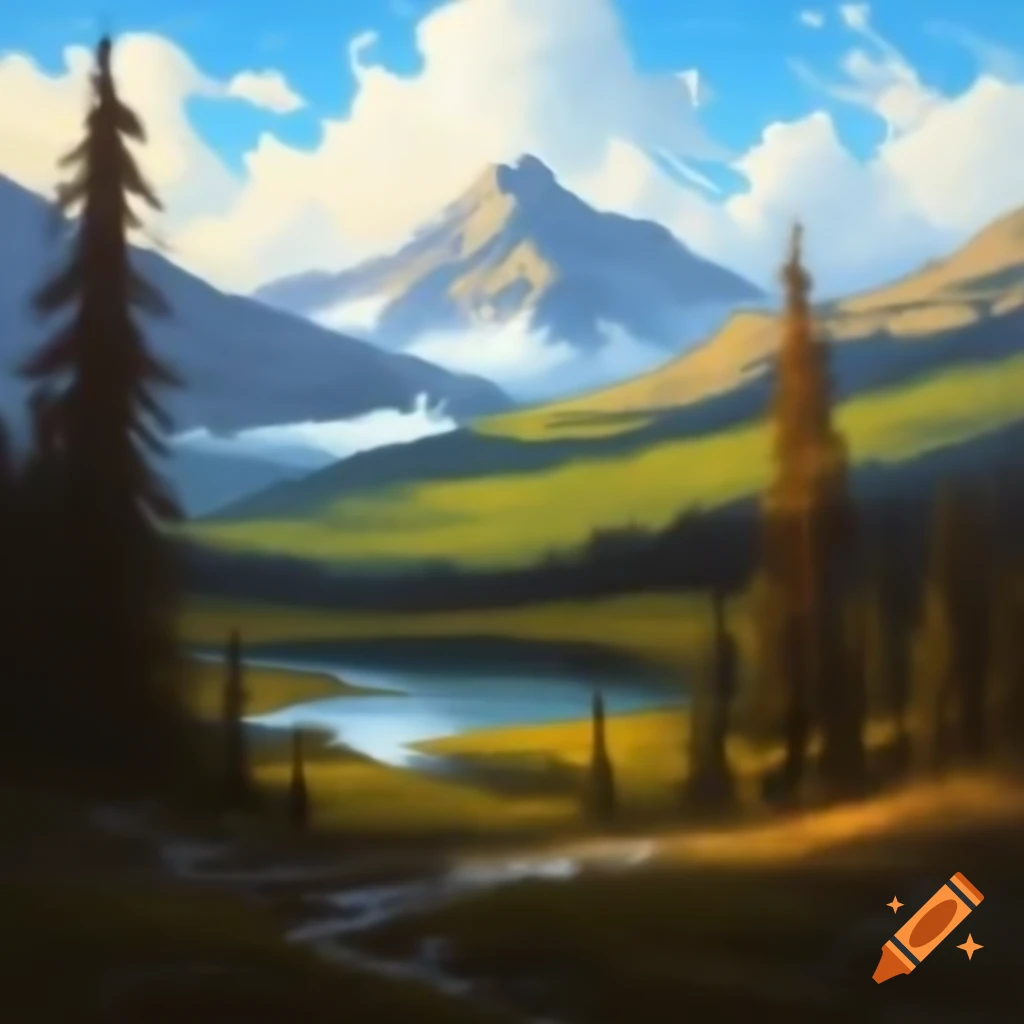 Landscape with lake, trees, and mountain range in Bob Ross oil painting style