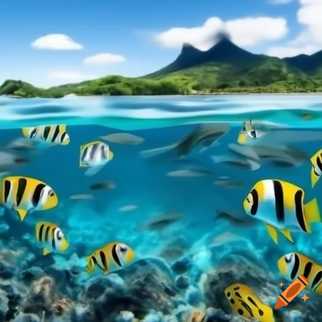 Vibrant tropical fish swimming in a panoramic sea view