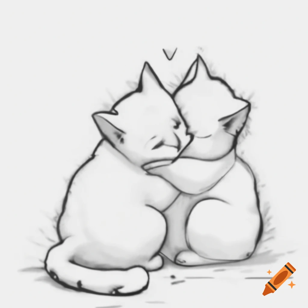 Line drawing of two hugging cats in MidJourney style
