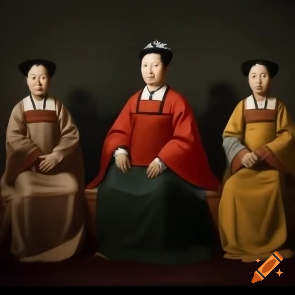 Renaissance portrait of three old Asian duchesses in conference